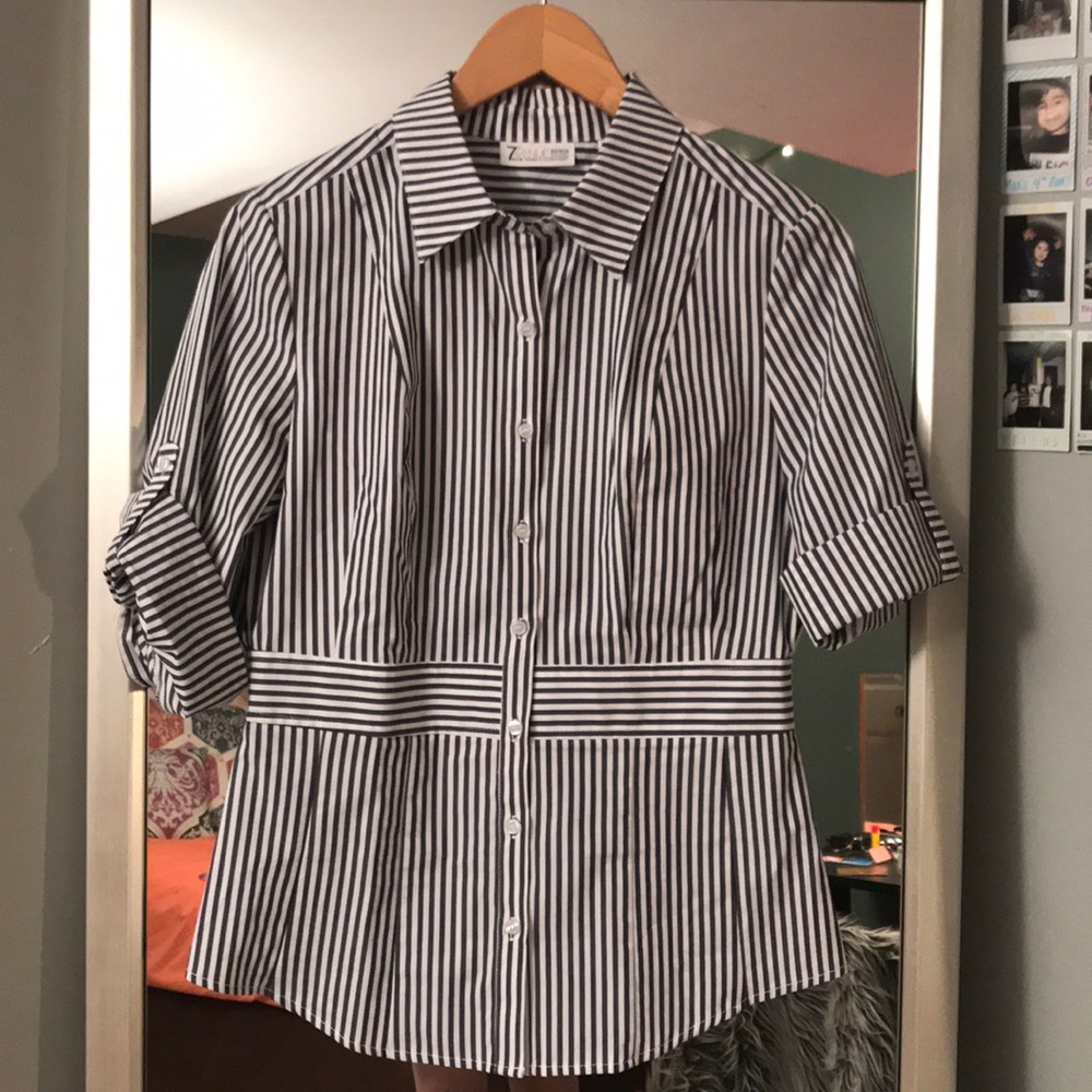 fitted and striped navy and white dress shirt